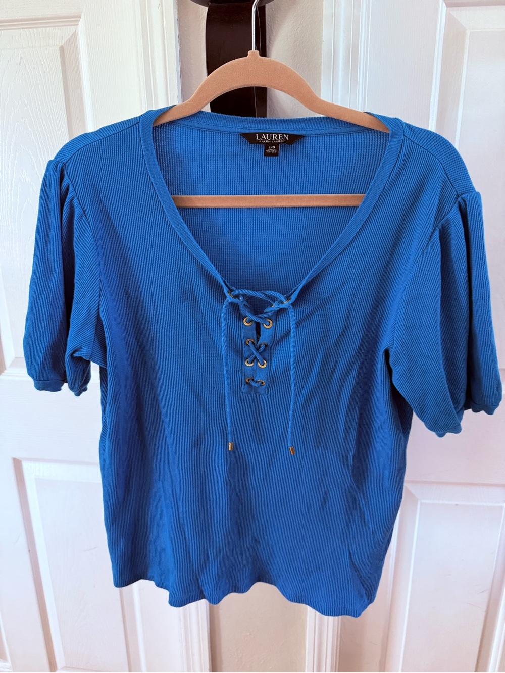 Lauren Ralph Lauren Royal Blue Lace-Up V-Neck Short Sleeve Top